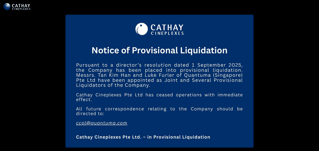 Cathay Cineplexes Closure Announcement, 1 September 2025